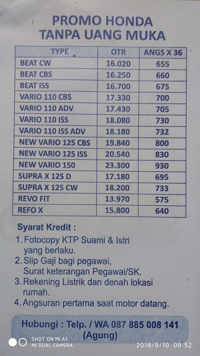 Monggo bapak/ibuk yang mau beli motor honda, kita lagi ada promo tanpa dp lho😊😊 Jadi motor datang cuma bayar angsuran pertama saja...enak banget kan kredit motor tanpa dp langsung bayar angsuran... Monggo bapak ibuk yang berminat bisa langsung wa mawon ➡087885008141(agung)