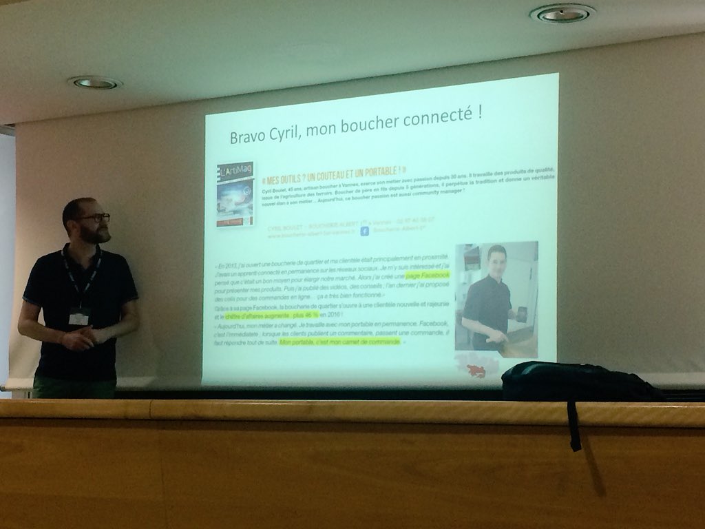 Sara_Laurent's tweet photo. #MTO2018 F. Deltour @IMTAtlantique s’intéresse aux artisans connectés : le rôle des #socialmedia pour les TPE et l’exemple de Cyril, boucher connecté #Digital #Marketing #Entrepreneuriat #Visibilité #Webmarketing https://t.co/505dnRc9uZ
