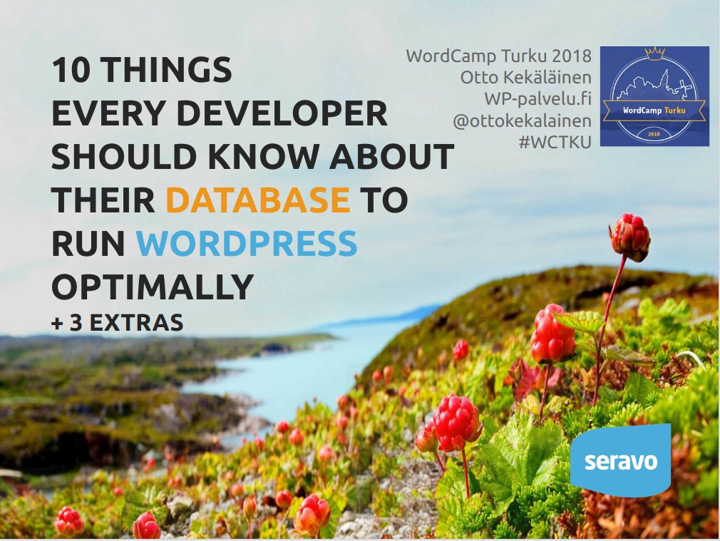 Hei #WCTKU-osallistuja! Ota tästä talteen vinkit ja loitsut esityksestäni #WordPress ja #tietokanta: slideshare.net/ottokekalainen… <a href="/WordCampTKU/">WordCamp Turku</a> <a href="/SeravoFi/">Seravo 🇫🇮</a> #WPFI #MariaDB #avoinkoodi