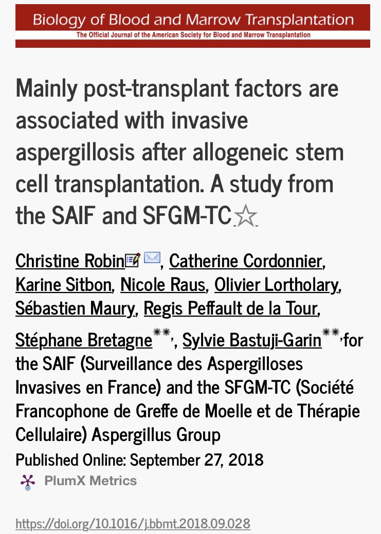 SFGM_TC's tweet photo. In the largest series of invasive #aspergillosis in allogeneic HCT patients in Europe

✅63% cases occurred after D100: IA is a late complication of #HSCT

✅The specific risk factors for late IA are #GvHD, relapse after HSCT, and secondary neutropenia.
➜ https://t.co/Z9z4rqf9dO https://t.co/25CHPvPYCC