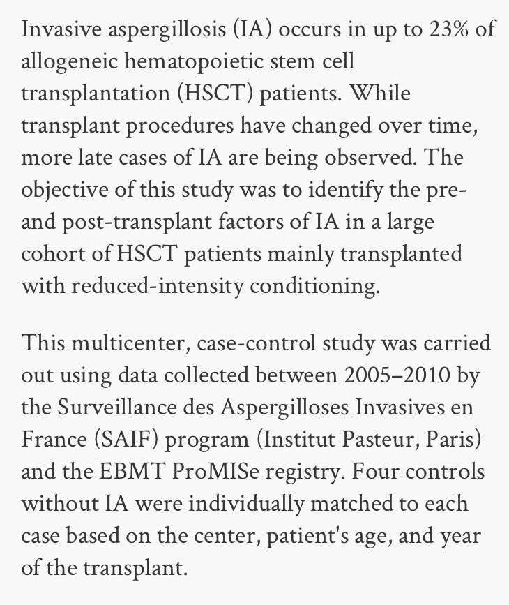SFGM_TC's tweet photo. In the largest series of invasive #aspergillosis in allogeneic HCT patients in Europe

✅63% cases occurred after D100: IA is a late complication of #HSCT

✅The specific risk factors for late IA are #GvHD, relapse after HSCT, and secondary neutropenia.
➜ https://t.co/Z9z4rqf9dO https://t.co/25CHPvPYCC