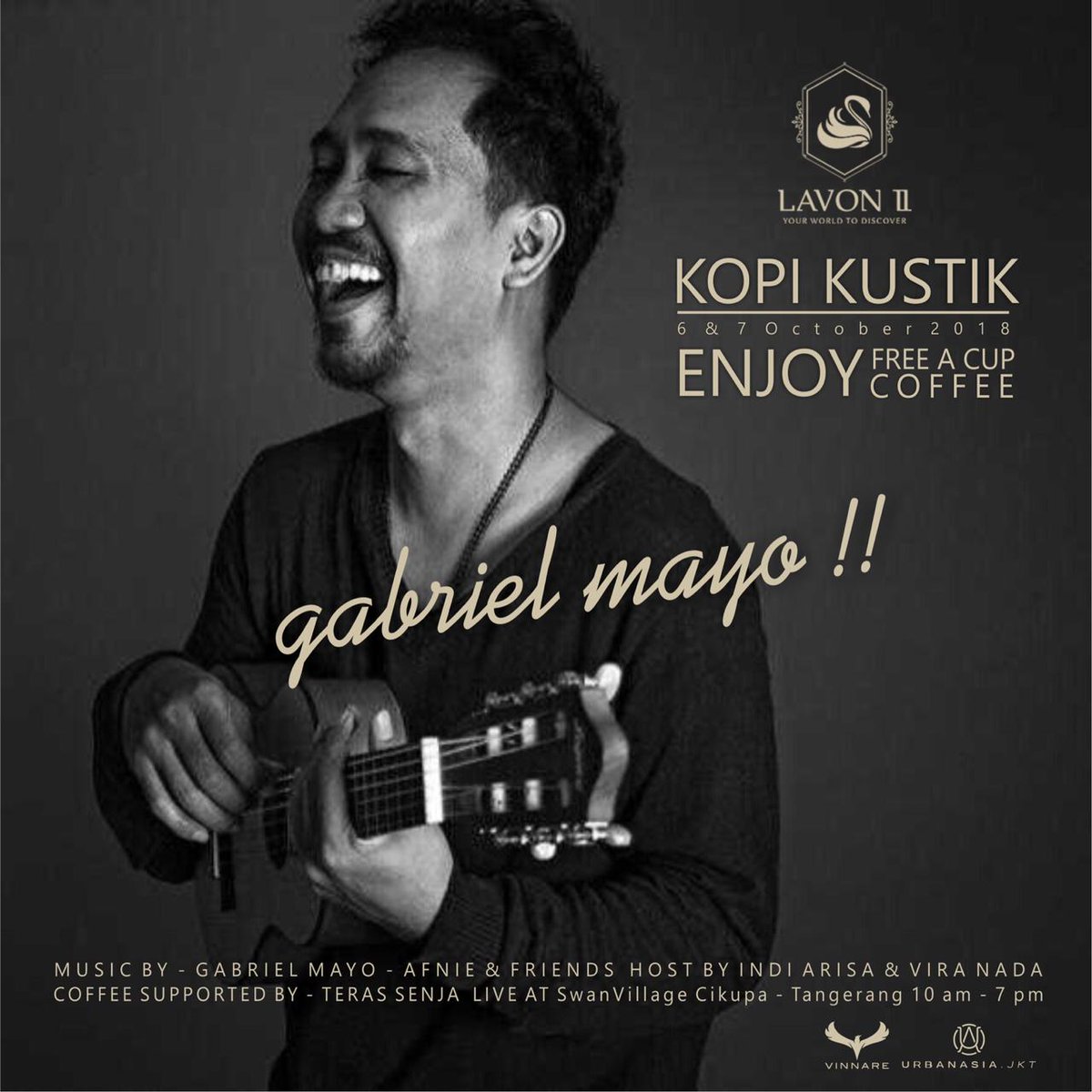 tribunnews's tweet photo. Yuk akustikan bareng Gabriel Mayo (@mawyow) dan kawan-kawan, besok 6-7 Oktober 2018 di #SwanVillage Cikupa, Tangerang. Terbuka untuk umum dan spesial bagi Lavon Family! 
Bawa teman dan keluargamu ya! https://t.co/QWkabELnRm