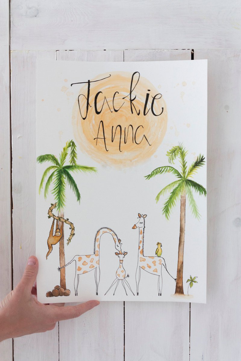designedbythe's tweet photo. Cute #handmade birth poster in #jungle theme! :) This original #watercolour poster is custom designed for little Jackie | https://t.co/VpfTC7q6qA | #birthposter #original #noprint #monkey #giraf #geboorteposter #customdesign #gepersonaliseerd #waterverf #kraamcadeau https://t.co/Hdk0MorUUp