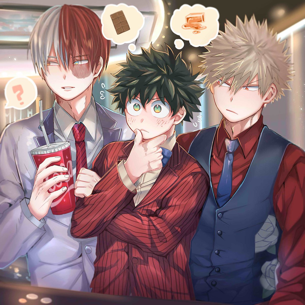 bakugou katsuki ,midoriya izuku ,todoroki shouto burn scar necktie male focus scar freckles multiple boys scar on face  illustration images