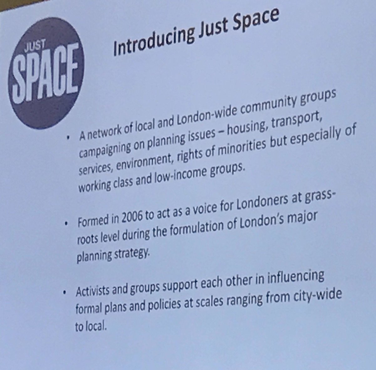 “I think I bring a bit of a different perspective to this symposium. I’m a community activist, I work with community groups. If we want to fight spatial injustice then the people that are affected have to be at the centre of it.” Richard Lee, <a href="/justspace7/">Just Space</a> coordinator. #urbedulive
