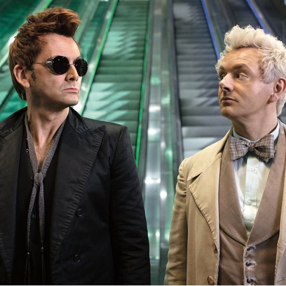 Good Omens promo photo of David Tennant and Michael Sheen