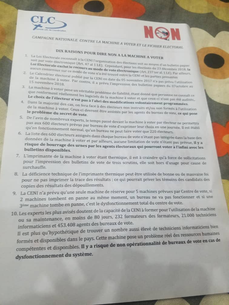 LANCEMENT DE LA CAMPAGNE NATIONALE CONTRE LA MACHINE A VOTER ET LE FICHIER ELECTORAL: « DIX RAISONS POUR DIRE NON A LA MACHINE A VOTER » / CLC Dovey1LXoAExdXj