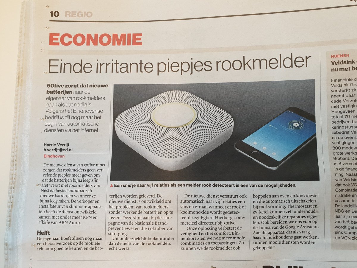 Trots! We (<a href="/50fiveNL/">50five</a>) staan vandaag in het Eindhovens Dagblad over het nóg slimmer maken van je slimme rookmelder. Een mooie combinatie van mijn eerste (het ED), vorige (pr-bureau) en huidige werkgever!