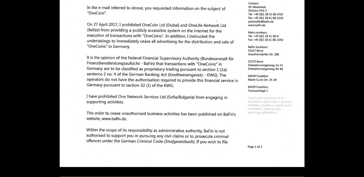 JenMcAdamUK's tweet photo. BaFin Germany's Federal Financial Supervisory Authority CONFIRMS and VERIFIES once AGAIN that on the 27th of April 2017 they PROHIBTED OneCoin Ltd (Dubai) and OneLife Network Ltd (Belize) and instructed CEASE on ALL advertising for the distribution and sale of OneCoin in Germany. https://t.co/CBbjXAllOj