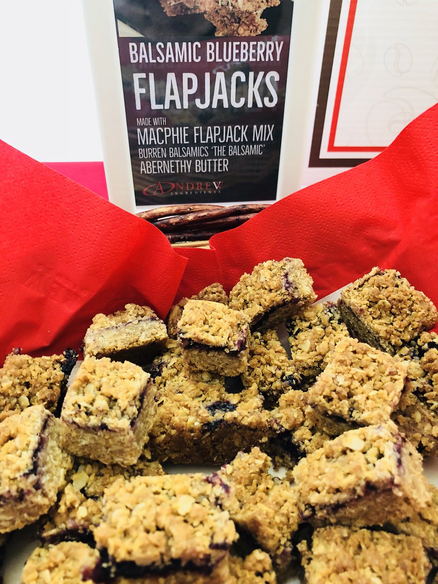 Fab flapjacks made by Finbar in our test bakery on offer at #BlasBackyard. Using @MacphieUK Flapjack Mix & beautifully complemented by previous Blas winning producers @AbernethyButter @BurrenBalsamics @meltingpotfudge Balsamic Blueberry and Fudge & Bramley Apple! #Blas2018