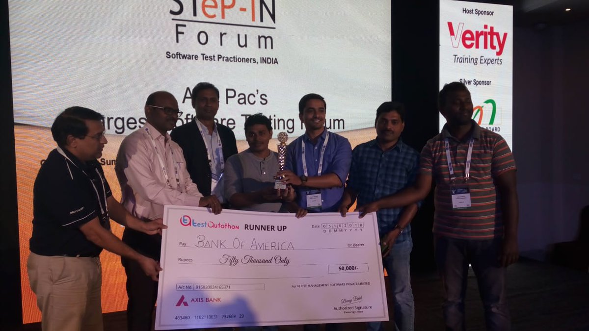 stepin_forum's tweet photo. #TestAutothon2018 !! Results have been announced !! We proudly present to everyone, Runners up for Test Automation Contest, @BankofAmerica ! They win INR 50,000 ! Congratulations team and very well done. Enjoy the victory. https://t.co/9z4EfFr7g0