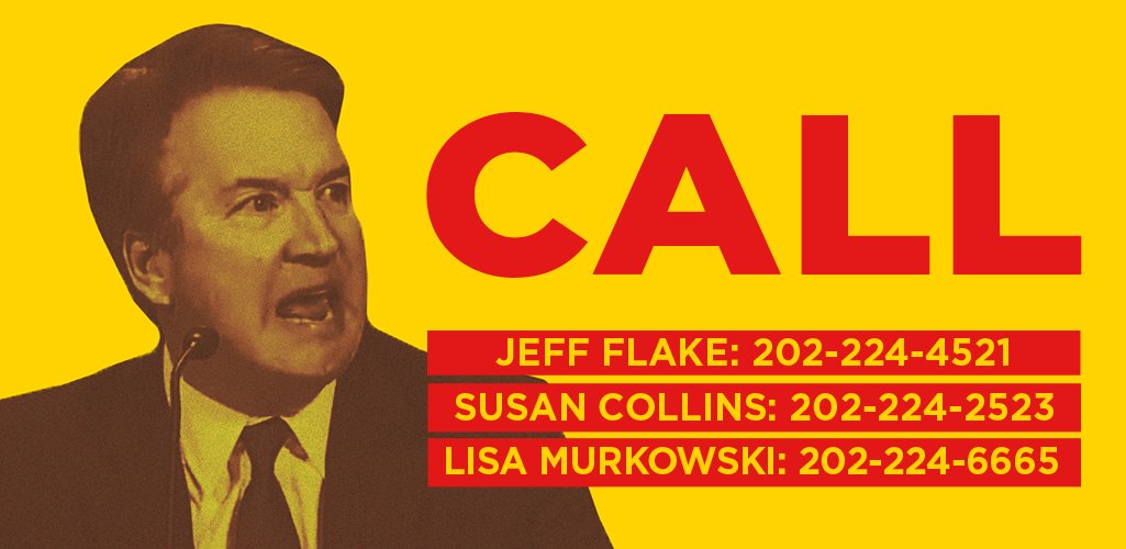 TheDemocrats's tweet photo. Today, Republicans will vote to move Brett Kavanaugh one step closer to a lifetime appointment to the SCOTUS. Senators Susan Collins, Jeff Flake, &amp; Lisa Murkowski are the key votes that could #CancelKavanaugh. Don’t let up. Keep calling them and tell them to vote NO on Kavanaugh. https://t.co/QxQpc5Ev5V