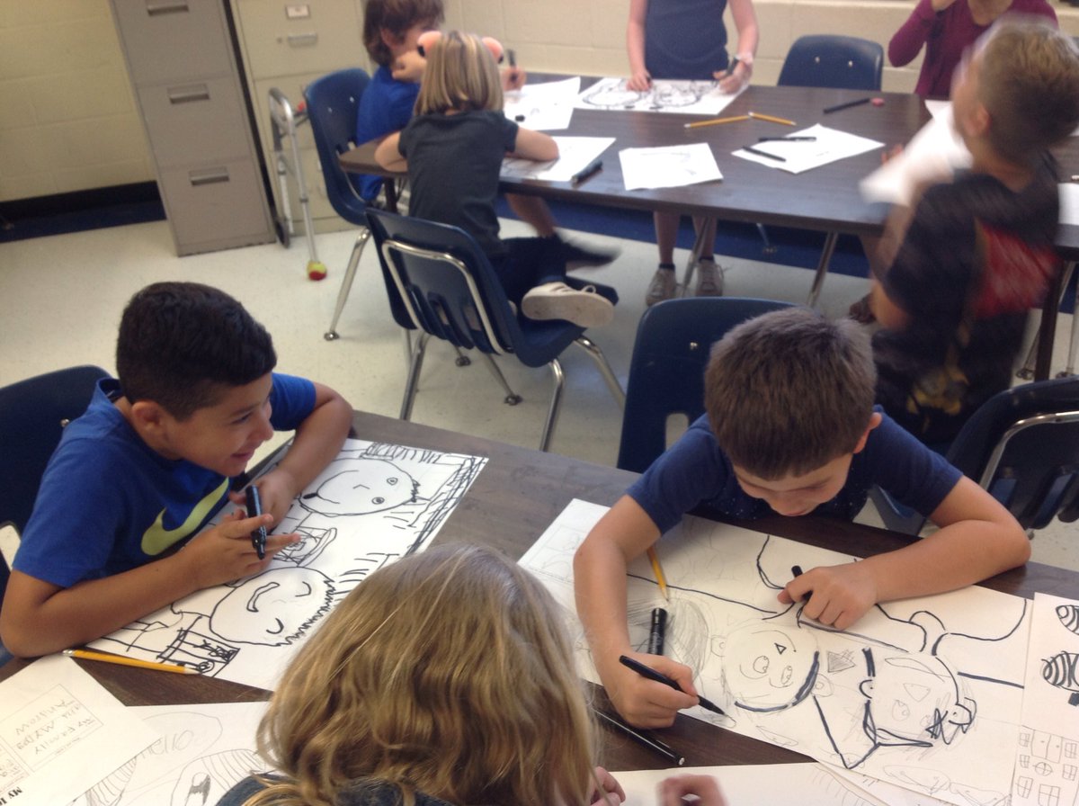 CubRunArt's tweet photo. Second graders are drawing pictures of themselves with a special friend, showing off a location in their community. https://t.co/P6JnWyu1mI