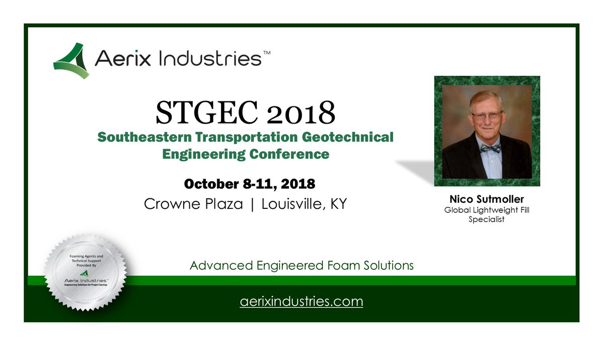 AerixIndustries's tweet photo. @NSutmoller will be at STGEC 2018 in Lousiville on October 8-11 at the Crown Plaza. Dr. Steven Bartlett will be joining @NSutmoller at this conference and will be presenting.
#booth15 #STGEC #tradeshow #presentation #LDCC
@GeoInstitute @ASCETweets @ASCE_TDI @AREMArail @geoprac https://t.co/E9YUhP6HFH