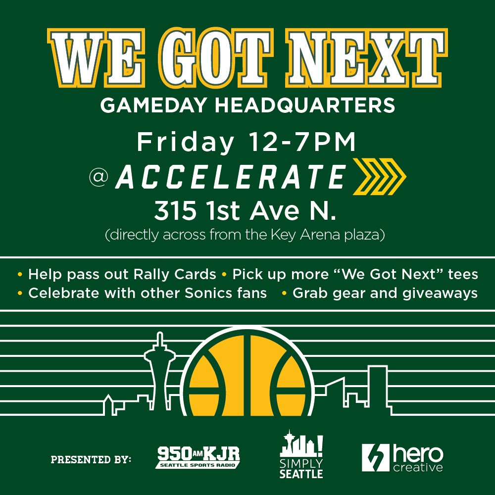 simplyseattle's tweet photo. Rain or shine we’ll be right across from the West Entrance to Key Arena at 2pm. Jerseys, We Got Next tees, rally cards, high fives. Come say hi and help! #sonicsforever https://t.co/joKc3yS26c