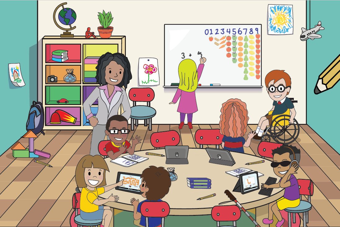 Cartoon classroom scene with children of various backgrounds working on mat...