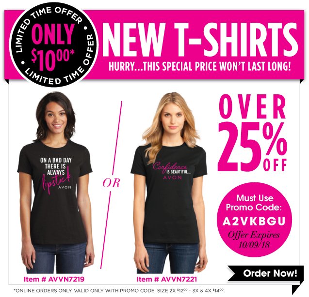 AvonPrintShop's tweet photo. Save 25% or more on our NEW AVON T-shirts.  Use promo code A2VKBGU.  See below for details. https://t.co/GlnMVf9tFZ