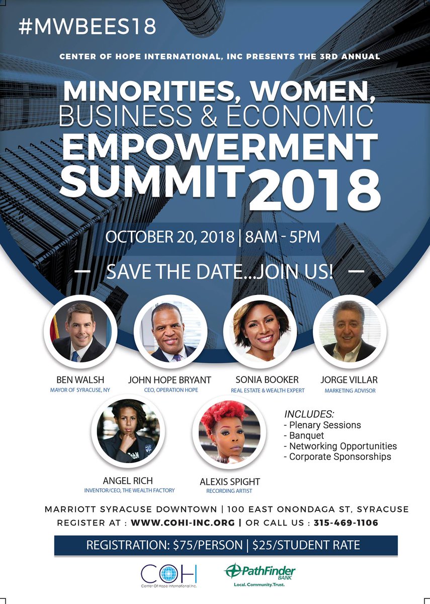 mwbees's tweet image. Hey guys this event is worth checking out! Featuring speakers: Ben Walsh, @johnhopebryant , @soniabooker , Angel Rich, Jorge Villar, and @AlexisSpight . This is the 3rd annual minorities women business &amp;amp; economic empowerment summit. October 20th from 8am-5pm at Marriott Syracuse