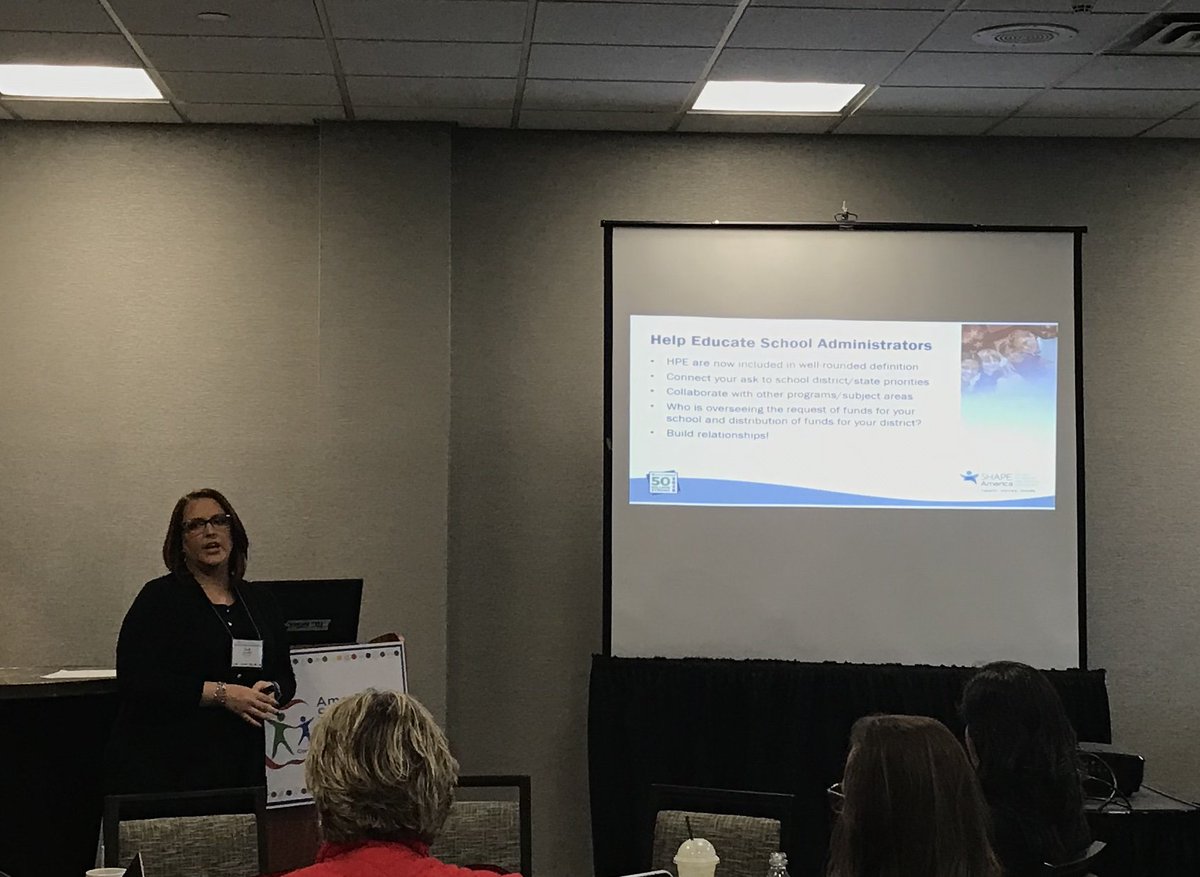 culp_barber's tweet photo. Listening to @CWrightHPE  speak on  the importance of educating school administrators on opportunities within #ESSA Title IV A funds. #advocacy #ESSA #Schoolhealth18 @SHAPE_America https://t.co/HLbW55N2xK