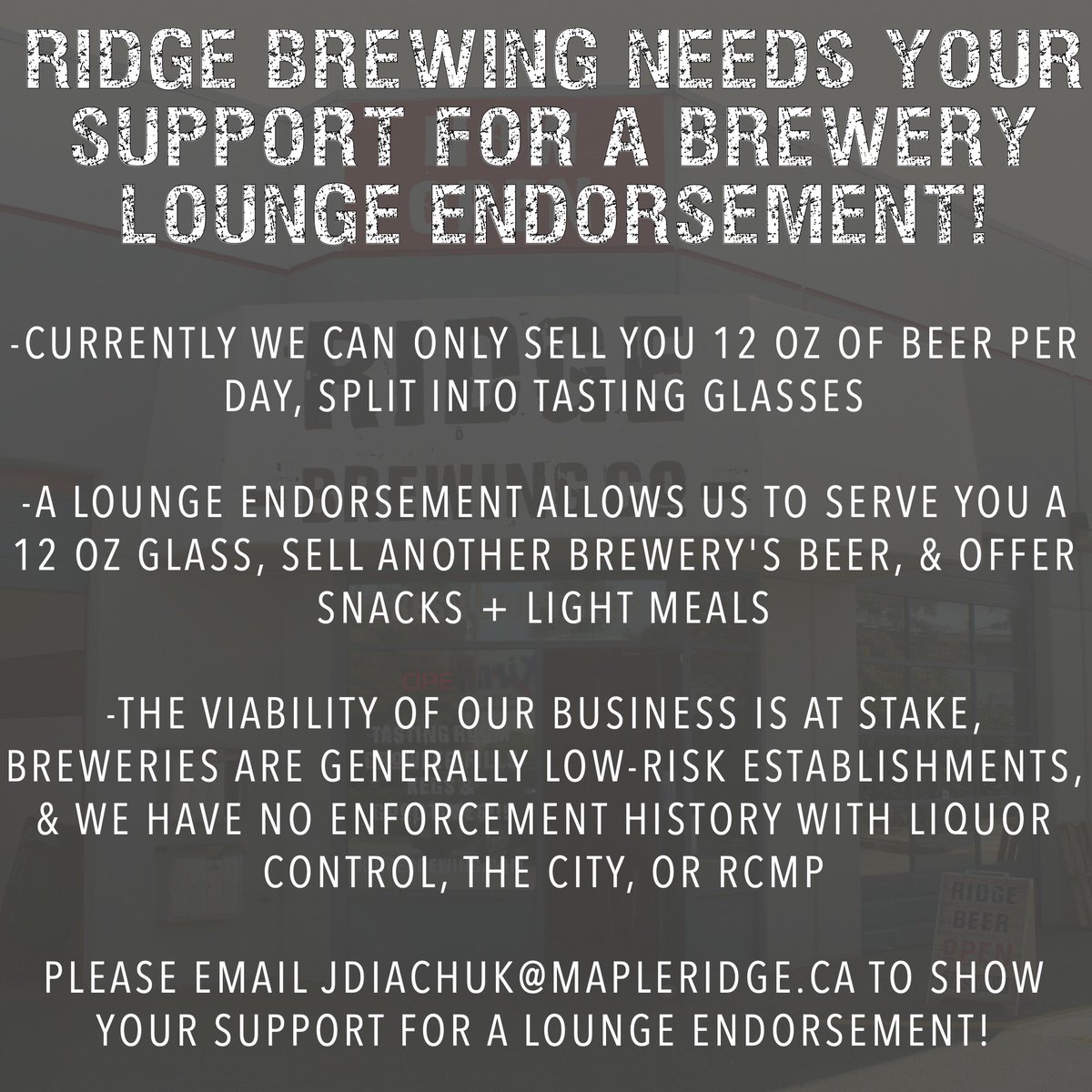 <a href="/ParksideBrewery/">The Parkside Brewery</a> <a href="/Northpawbrewco/">Northpaw Brew Co.</a> <a href="/taylightbrewing/">Taylight Brewing Inc.</a> <a href="/DageraadBeer/">Dageraad Brewing</a> If you could retweet this to raise awareness it would be greatly appreciated! Support from BC's craft beer community (especially customers in Maple Ridge) will help us!