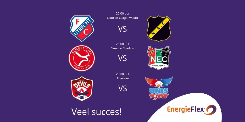 Er staat ons een mooie sportavond te wachten! Zowel <a href="/NACnl/">NAC Breda 💛🖤</a>, <a href="/necnijmegen/">N.E.C. Nijmegen</a> als <a href="/AHOUDDevils/">AHOUD Devils</a> moeten vanavond spelen. We gaan natuurlijk voor drie winstpartijen!