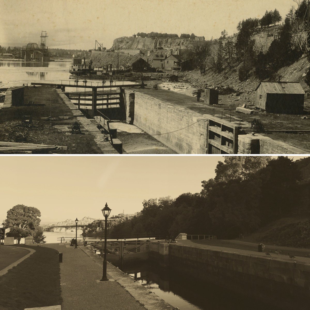BytownMuseum's tweet photo. Take at look at another #ThenAndNow! In this photograph by William Morrell Harmer, taken from Entrance Bay #Ottawalocks in 1899, construction was just starting on the Alexandra Bridge that links #Ottawa, Ontario to #Gatineau, Quebec.
#613History #BytownMuseum #MyOttawa #friyay https://t.co/5hMInyOIYz