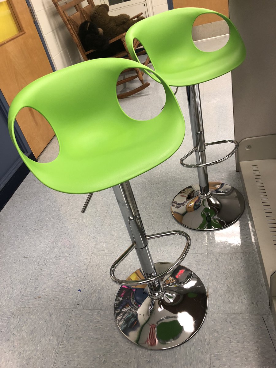 Loving the new stools for the media center cafe area with flexible seating! We will soon cover the bookshelf with contact paper to complete the look! @MortElementary @hubofschool #libraryprojects