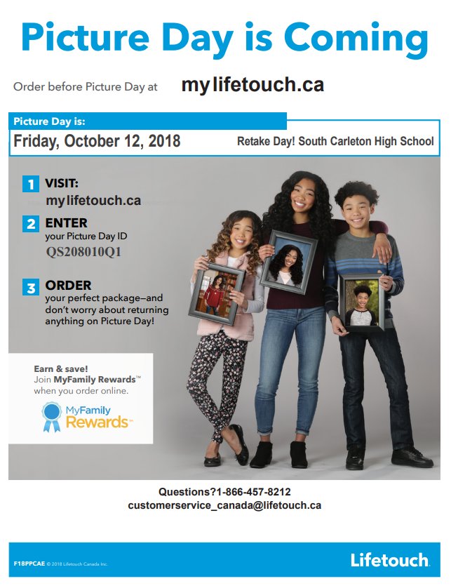 Hey <a href="/SouthCarletonHS/">South Carleton HS</a>
Retake day is October 12th, don't forget to get your picture taken if you haven't yet #saycheese #lifetouchottawa #retakeday #southcarleton