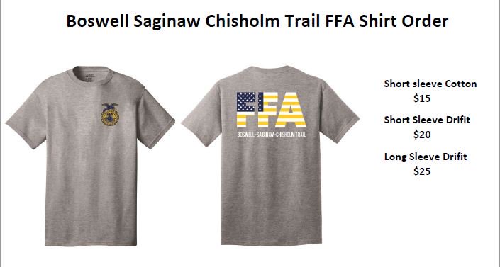 MrsLBrandes's tweet photo. Its FFA t-shirt order time! Money and forms due by Oct. 20.
#BSCTFFA @ChisholmTrailHS @boswellhs @saginawhstx @EMSISD_CTE https://t.co/37XqJYsTrW