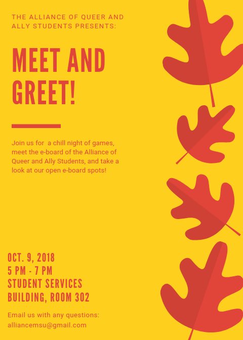 AllianceMSU (@alliancemsu) on Twitter photo Hey everyone! We’re having a meet and greet on Oct. 9th! Come out and play some games and meet the e-board of Alliance! Hey everyone! We’re having a meet and greet on Oct. 9th! Come out and play some games and meet the e-board of Alliance!