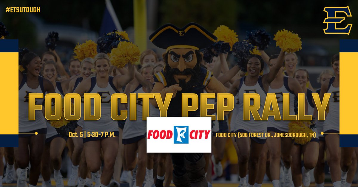 .<a href="/ETSUFans/">ETSU Fans</a>, head over to <a href="/FoodCity/">Food City</a> in Jonesborough tonight for the Food City Pep Rally from 5:30-7pm ... Come meet and greet members of <a href="/ETSUFootball/">ETSU Football</a>, <a href="/ETSUspirit/">ETSU Spirit</a> and <a href="/ETSUBucky/">Bucky</a>! #ETSUTough