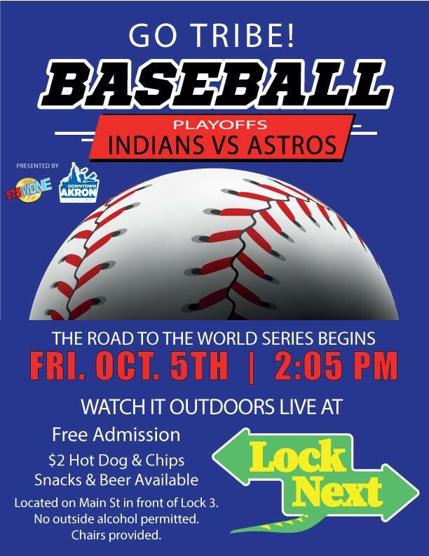 Lock3Akron's tweet photo. #HeyAkron Lock 3 will be showing the Indians game at 2pm! Hot dogs, beer, and snacks will be available at #LockNext! 
#lock3 #downtownakron #akronciviccommons https://t.co/kAaDZ2q9kr