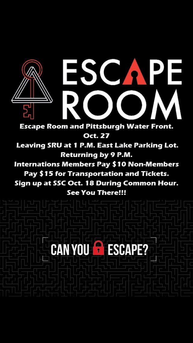 The internations club invites all for a trip to the Pittsburgh waterfront for an escape room experience. Also there will be plenty of time afterward to explore and have dinner.