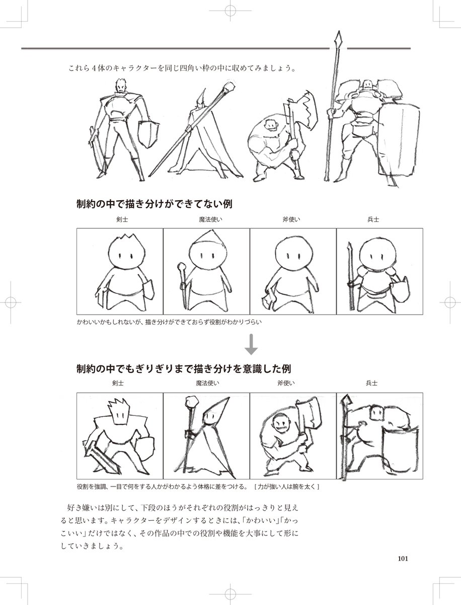 ヒラタリョウ 別の技法書のための絵 シルエットを誇張することで役割をはっきりと見せられるという例です