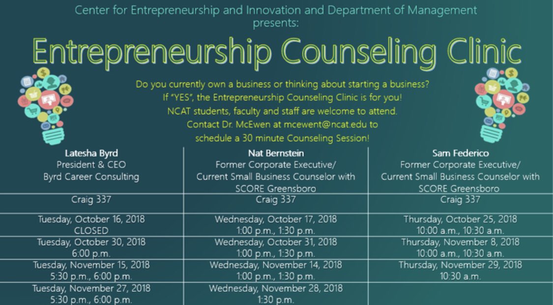 ncat_cei's tweet photo. Aggie Entrepreneurs! Schedule an Entrepreneurship Counseling Session with one of these counselors to get some advice for your business! The time is now to put the work in! #ncat #ncatbusiness #ncatcobe #ncatcei #entrepreneurship https://t.co/bzrkEZ9SKe
