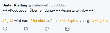 SpaceAgainst's tweet photo. #Riefling Co-Veranstalter in #Apolda? Archiviert https://t.co/PDKxTOCKwp
Dieter Riefling ist mehrfach einschlägig vorbestraft.
1993 Geldstrafe Volksverhetzung
1998 Haft wegen Nasenbeinbruch bei Polizist
1999 Bewährungsstrafe (Bs)
2013 Bs
2014 Bs
2015 Ein Jahr Haft
etc. pp. https://t.co/7ofIyiGhYx