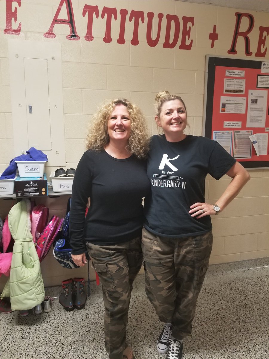 crewrdsb's tweet photo. Was it Twin Day?  We can't see your legs Mrs. Cochrane and Mrs. Cooper! #rockingcamo #funfriday https://t.co/SqanmO0XHl