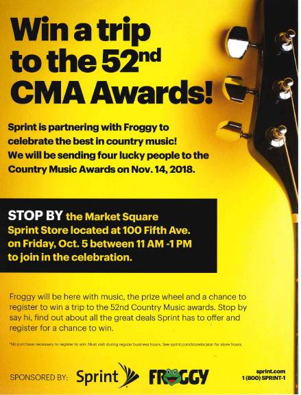 SprintStore7439's tweet photo. @Froggy is here now with your chance to win a trip to the Country Music Awards!  Stop by and say hello! https://t.co/DaxUPG8mz1