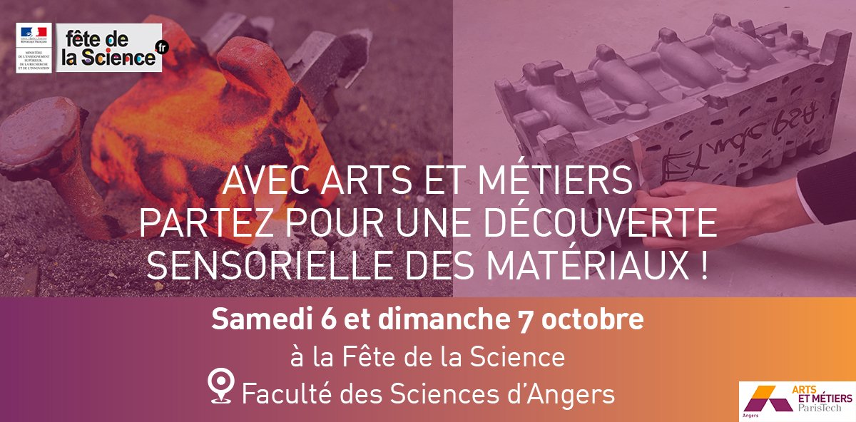 ArtsetMetiers_'s tweet photo. 📣 N'oubliez pas, retrouvez demain, samedi 6 et dimanche 7 octobre les enseignants chercheurs du campus #ArtsetMétiers d'@Angers à la Fête la Science pour une découverte sensorielle des matériaux 👂👀. RDV au village des sciences @Angers #AMFeteScience. Hâte de vous retrouvez👏 https://t.co/QWHFzeHnNE