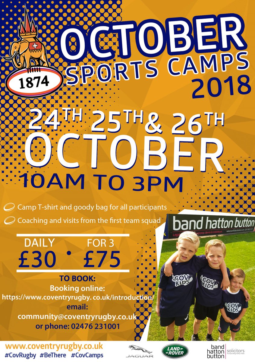Pls RT!  Don't forget to sort out your half term this October! Book the kids into our Sports Camp - they'll have the time of their lives.!
Booking is easy - simply follow this link through to the website and you're sorted! bit.ly/2QxCt96
#CovRugby #CovCamps #CovCommunity