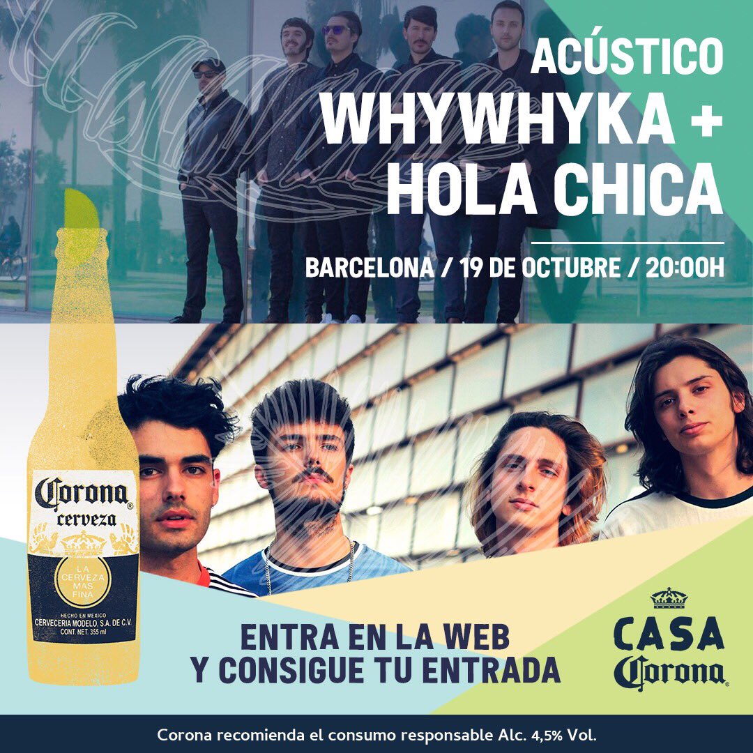 😍😍😍BARCELONA😍😍😍 Tenemos buenas noticias si vives en Barna. El próximo 19 de octubre estaremos tocando allí junto a @holachicaband  nada más y nada menos que para Casa <a href="/corona/">Corona</a> 🙀
Conseguid vuestras entradas (gratis) en la web de <a href="/corona/">Corona</a> o en whywhyka.com #WHYWHYKA