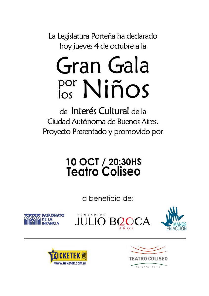 La Gran Gala por los Niños declarada de interés Cultural por la Legislatura Porteña Gracias <a href="/LegisCABA/">Legislatura CABA</a> <a href="/ManosenAccion/">Manos en Acción</a> <a href="/FunJulioBocca/">FundaciónJulioBocca</a> no te la podes perder !!!!
