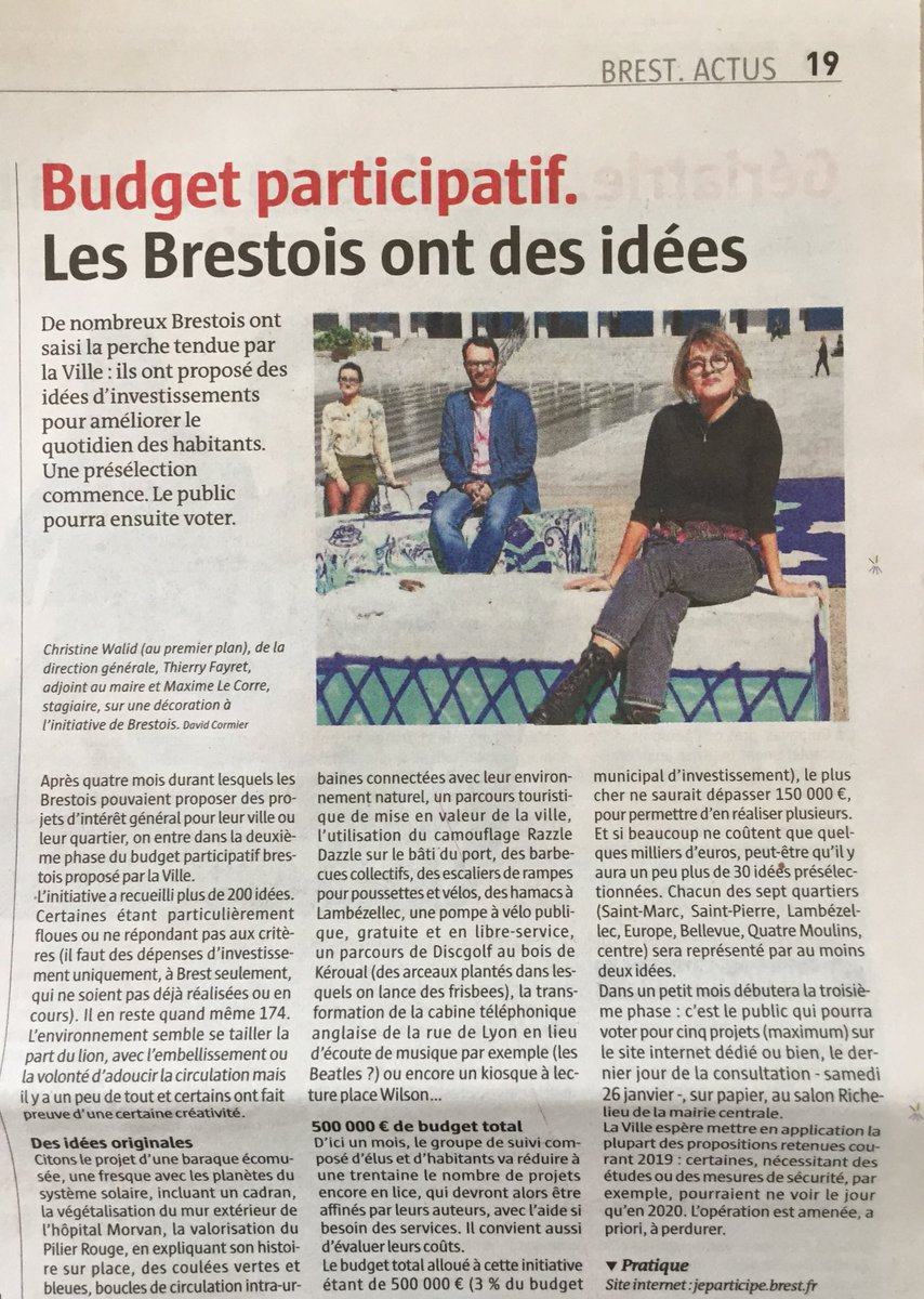 Dans le <a href="/TLGBrest/">Le Télégramme Brest</a> aujourd’hui, le budget participatif de @BrestFr qui accueille cette année une alternante  <a href="/MaximeLeCorre/">Maxtrice</a> du master @Sc_Po_Rennes <a href="/AnneChevrel/">Anne Chevrel</a> Concertation et territoires en transitions