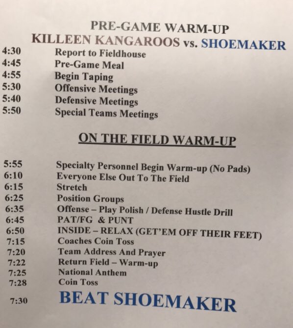 KHSRoosFootball's tweet photo. Today’s schedule. Stay locked in. Take care of business in the classroom. Then take care of business on the field! Go Roos Go! #BeatShoemaker https://t.co/VLPdqT1GFL