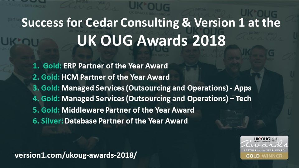 CedarConsulting's tweet photo. Brilliant news for our teams across Cedar Consulting &amp; Version 1 as we were awarded 5 Gold Awards &amp; 1 Silver in last nights #UKOUG Awards. Huge thank you to everyone that voted for us! For more info: https://t.co/aRlb0nFw0H   #ukoug_pya https://t.co/QkDY6ODzQL