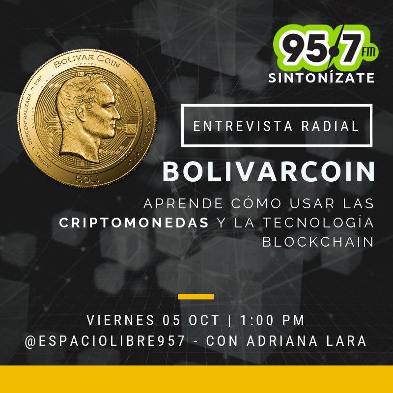 BolivarCoin_XT's tweet photo. Bolivarcoin RADIO 📻 Asdrúbal Velásquez @visionario y @geralmg04 junto a @SoyAdrianaLaraK en su programa "Espacio Libre" hablando del próximo evento en #CiudadGuayana patrocinado por #Bolivarcoin.

Sintoniza 95.7 https://t.co/VhEoRS0zJB EN VIVO a partir de la 1:00pm https://t.co/XHfSJMVD5k