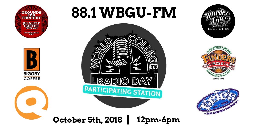 wbgufm's tweet image. It's #collegeradioday ! Listen in from 12pm-6pm for programming all day and a chance to win prizes from our local sponsors! @BGQdoba @bg_biggby @gftbg @Murderinktat2co @FindersRecords and Eric's ice cream!