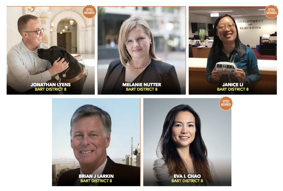 SFTRU's tweet photo. Curious what @SFBART Board candidates think about the future of BART and regional transit? Check out our #RideTheVote election guide to learn more! https://t.co/ySM0OL5YRB https://t.co/LgPu3SIpYz