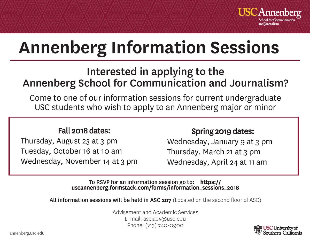 ascjadv's tweet photo. Interested in Annenberg? Come to an info session and learn about the majors and application process! Open to all current USC undergraduates. https://t.co/2P9IIQ5NJd