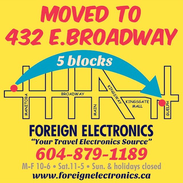 4rnElectronics's tweet photo. This week is the 6th anniversary since our move. But after 17 years at our previous location, many are still looking for us West Broadway &amp; Manitoba. Now 5 blocks east!

#EastVan
#mountpleasant
#foreignelectronics
#FEVancouver
#mainstvan
#broadwayvancouver https://t.co/hLra0IJTsy